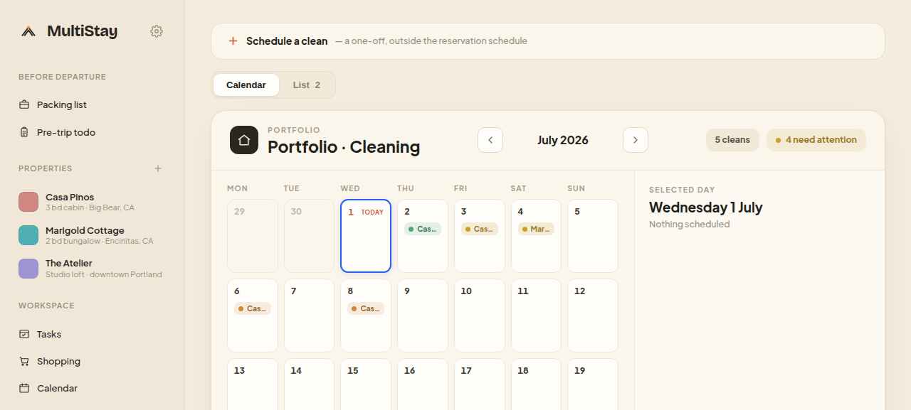 Portfolio cleaning calendar — scheduled cleans across properties with per-day detail